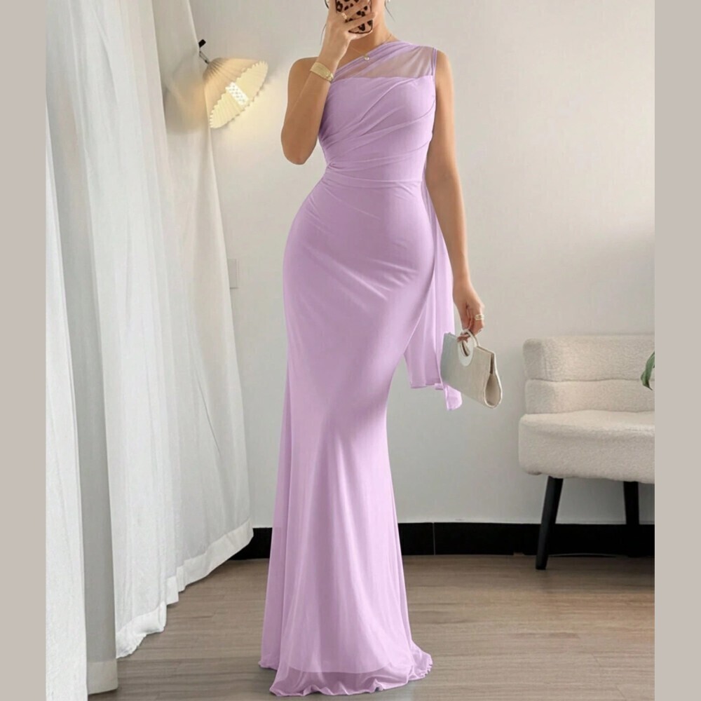 Lilac Mesh Asymmetrical Neck Draped One Shoulder Mermaid Maxi Dress